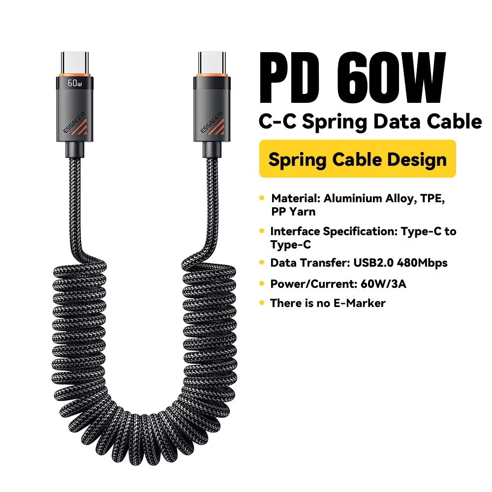 Câble de Type C à ressort de voiture Essager pour iPhone 16 15 Xiaomi Samsung 100W PD charge rapide 