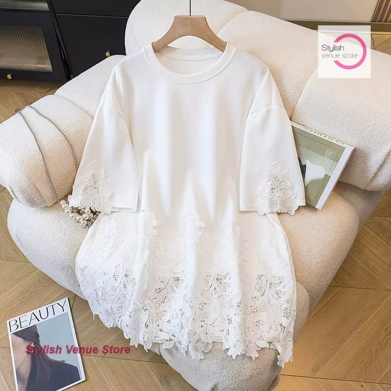 Mode française dentelle couture col rond manches courtes crochet creux T-shirt femmes été nouveau gr
