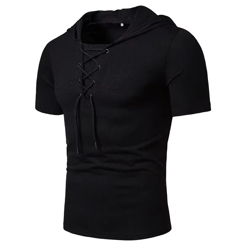 T-shirt à manches courtes à capuche 2026 pour homme, vêtements de sport, chemises streetwear, lacets