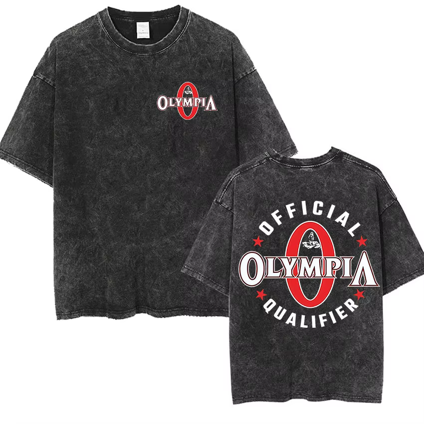 T-shirt graphique vintage délavé Olympia Gym pour homme 2026 – T-shirt décontracté à col rond et man