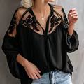 Dentelle maille chemise femmes broderie Patchwork décontracté à manches longues hauts été Sexy en mo