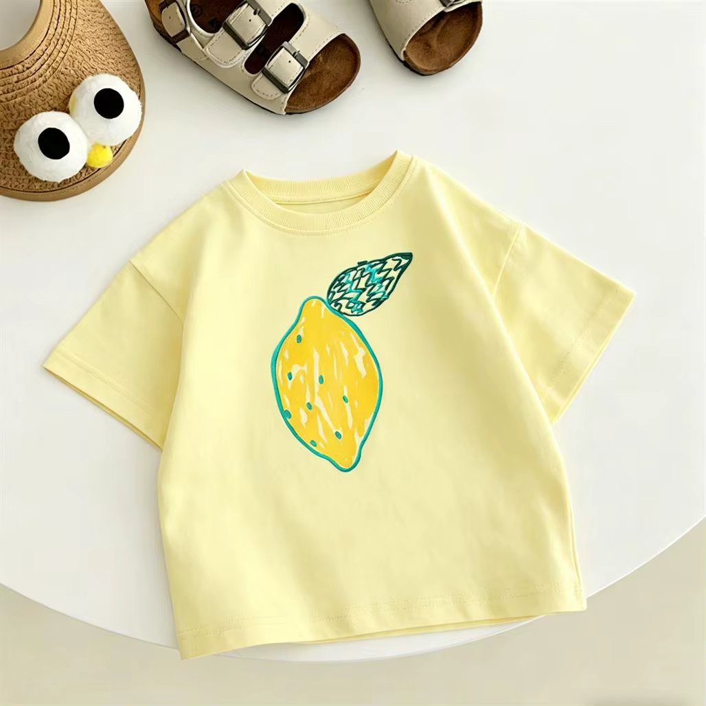 T-shirt rose et jaune à col rond pour filles, haut décontracté simple et ample, vêtements d'été pour