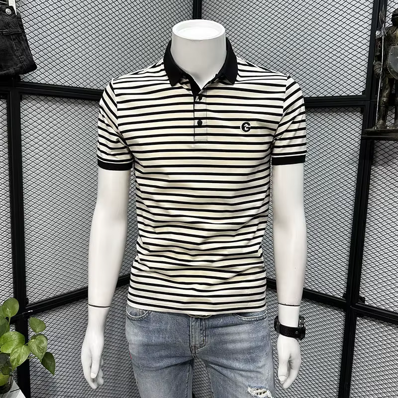 Polo décontracté rayé pour homme, T-shirt à manches courtes, col rond, nouvelle collection été, haut