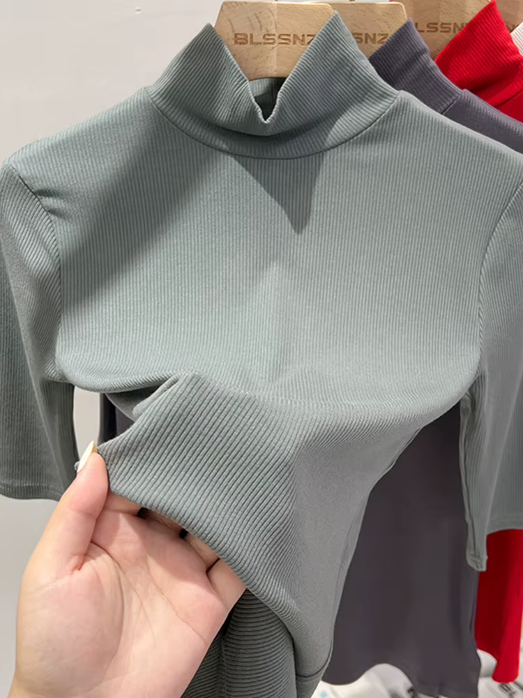 T-shirt basique femme 2026 à col roulé, coupe ajustée, manches courtes, décontracté, élastique, blan