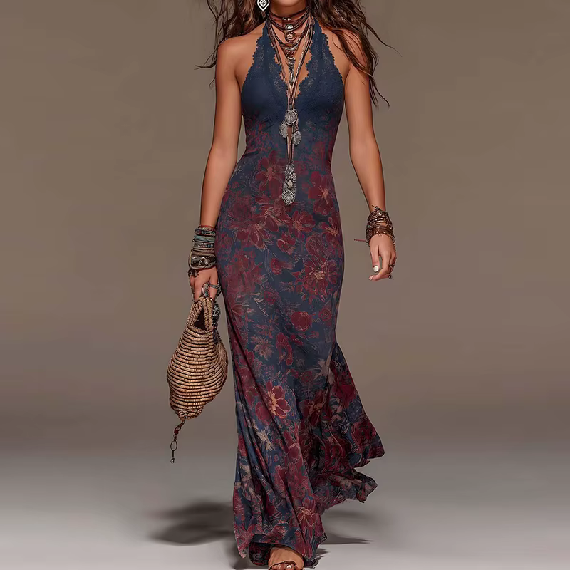 Robe de soirée vintage à col halter et patchwork en dentelle, robe longue élégante imprimée dos nu p