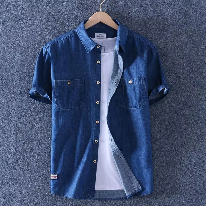 Chemise en denim slim à manches courtes pour hommes, chemise en coton flammé, mince et confortable, 