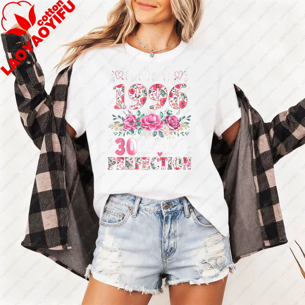 T-shirt pour femme fabriqué en 1996, 30 ans de perfection, motif floral, cadeau de 30e anniversaire,