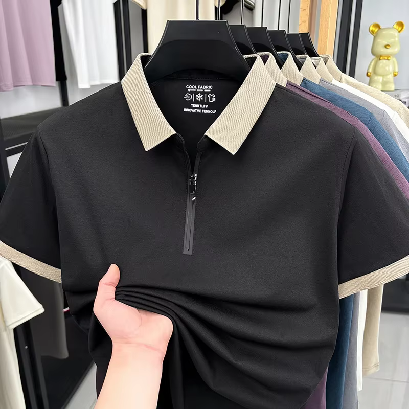 Chemises polo à fermeture éclair pour hommes, manches courtes, col contrasté, hauts décontractés pou