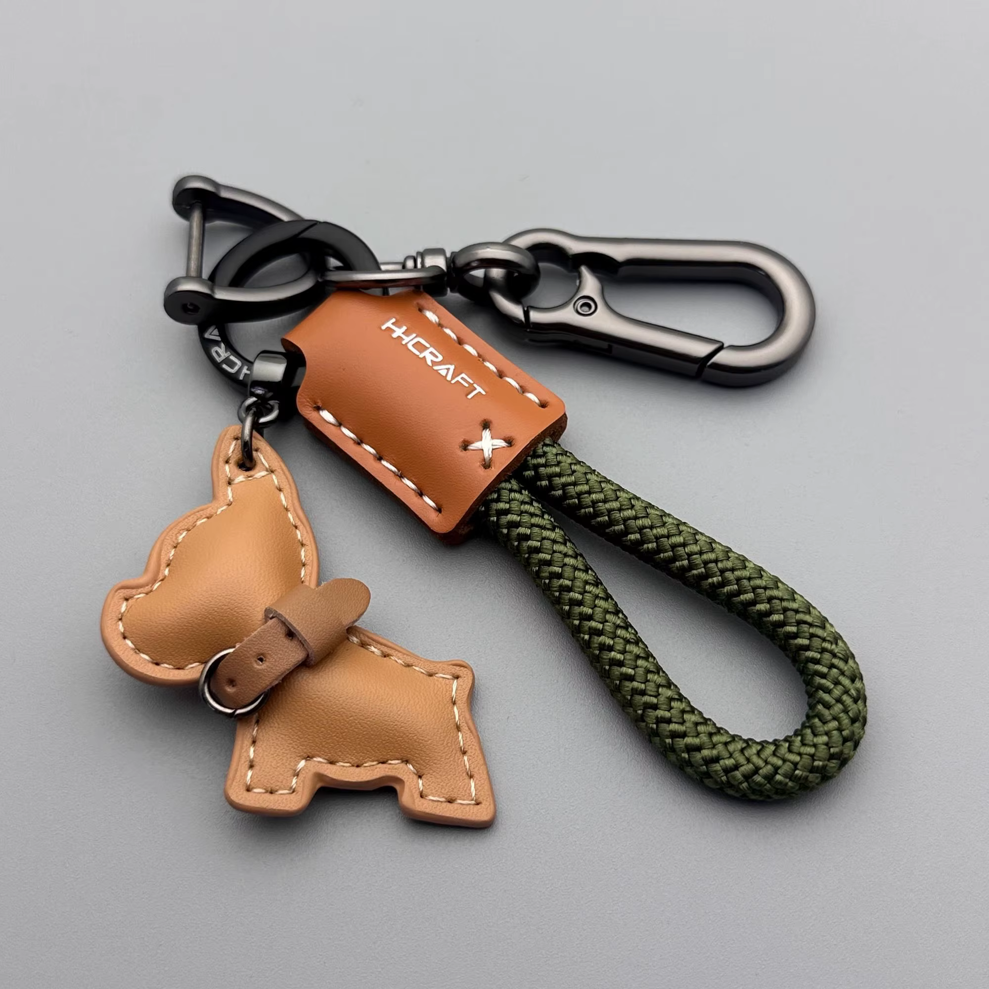 Porte-clés bouledogue français en cuir véritable fait à la main, porte-clés en corde tressée avec sa