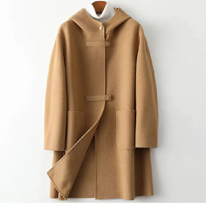 Nouvelle mode à capuche Double face POLYESTER manteau femmes automne hiver Double face laine coupe-v