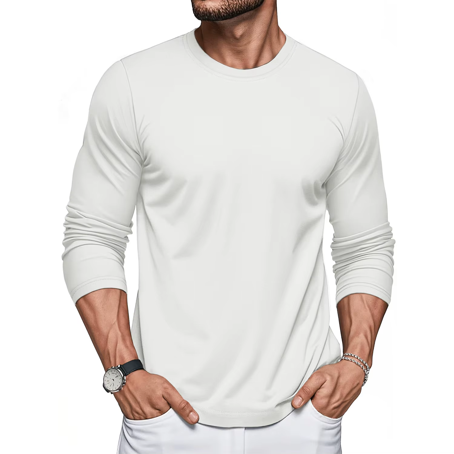 EKLENTSON T-shirts à manches longues pour hommes en coton col rond t-shirt décontracté évacuant l'hu