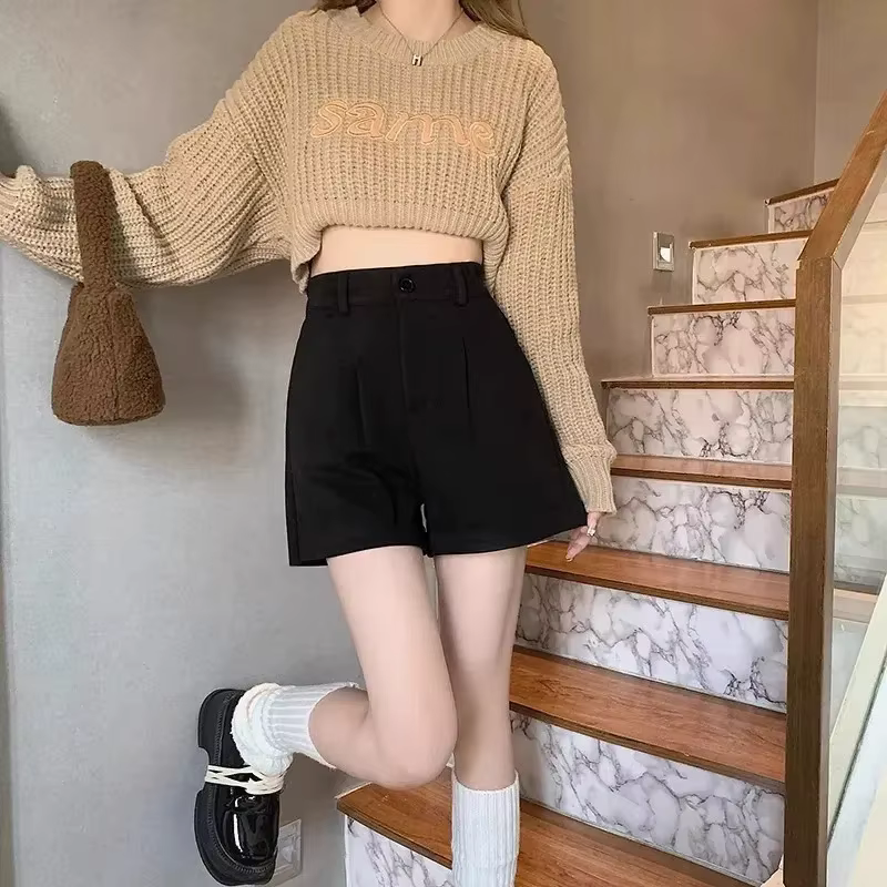 Shorts en laine taille haute à jambe large pour femme, coupe ample, style bootcut, automne-hiver, pr