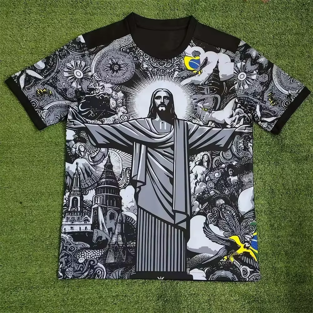 T-shirt de football édition spéciale Brésil 2026 Jesus noir/gris pour adulte/enfant – T-shirt d'entr