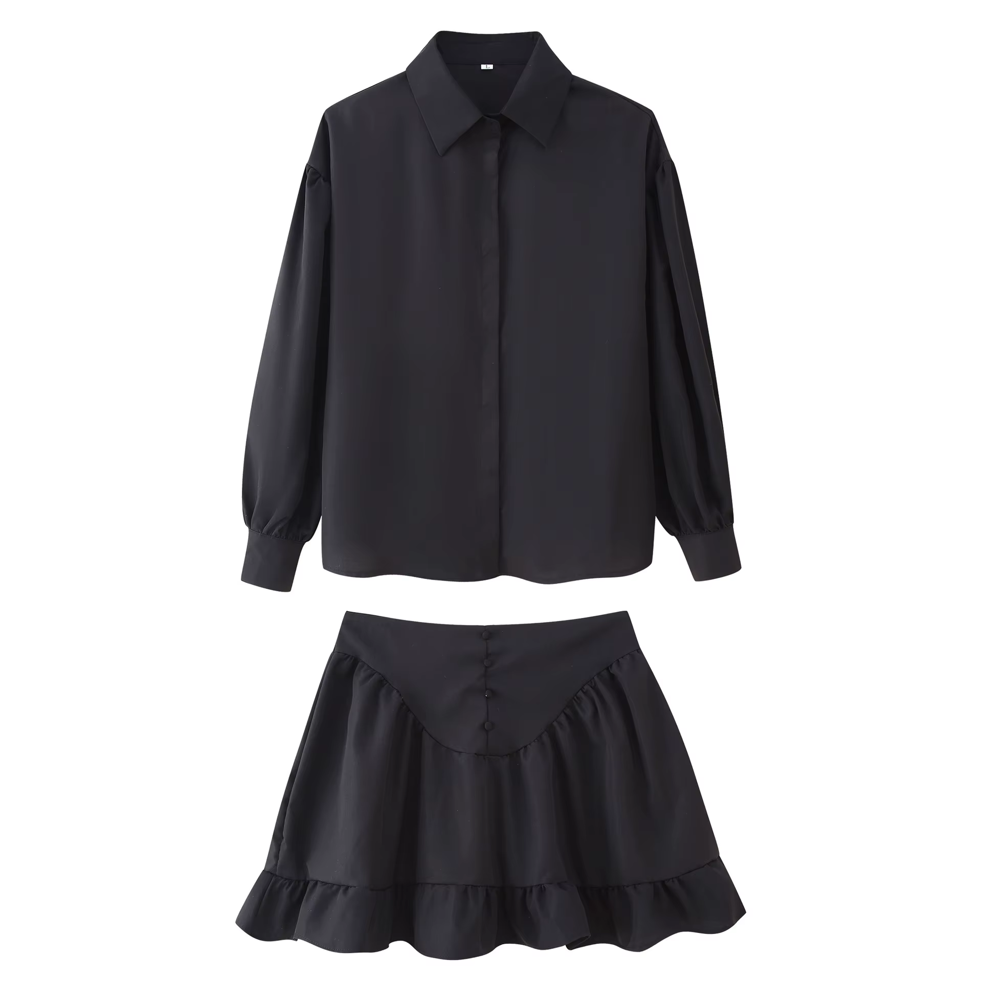 Ensemble chemise minimaliste à manches longues et ourlet à volants pour femmes, couleur unie, mode 2