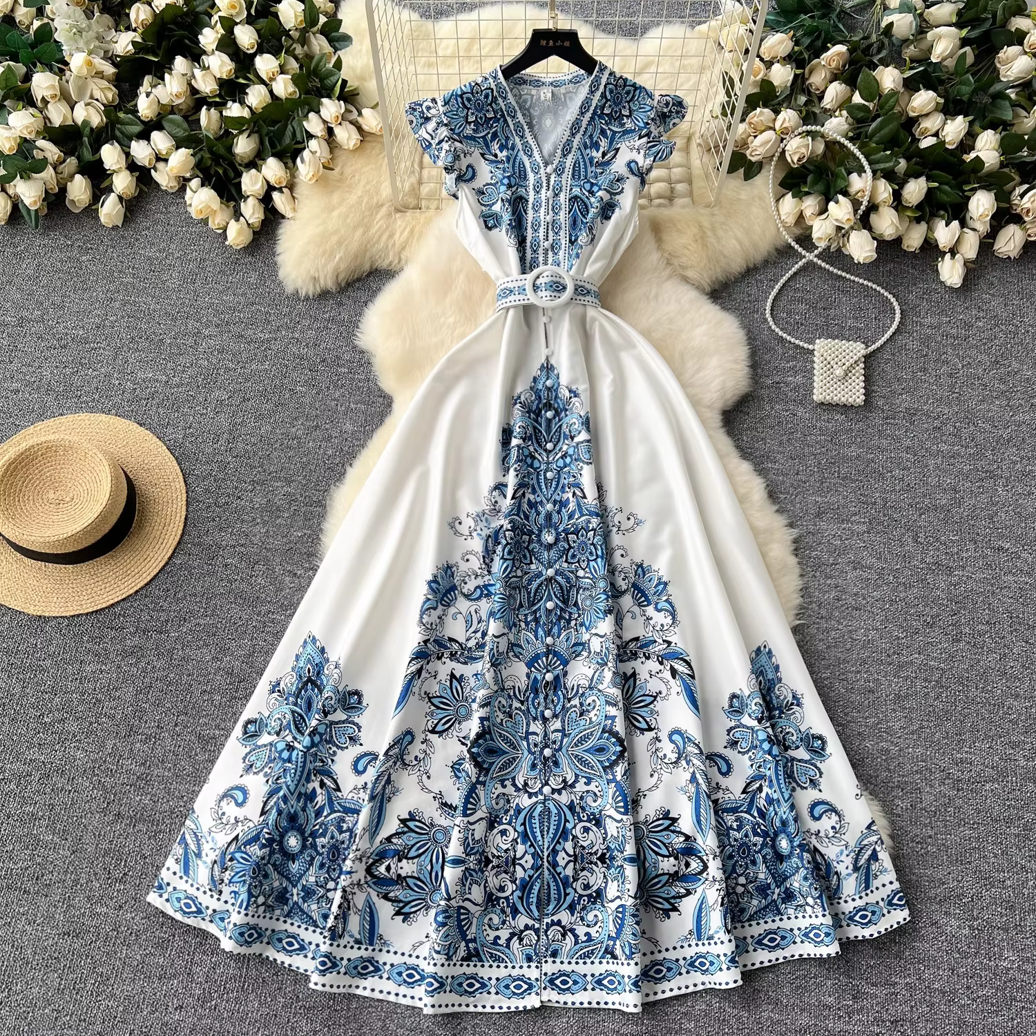 Vêtements de piste à imprimé cachemire pour femmes, manches volantes, col en V, simple boutonnage, c