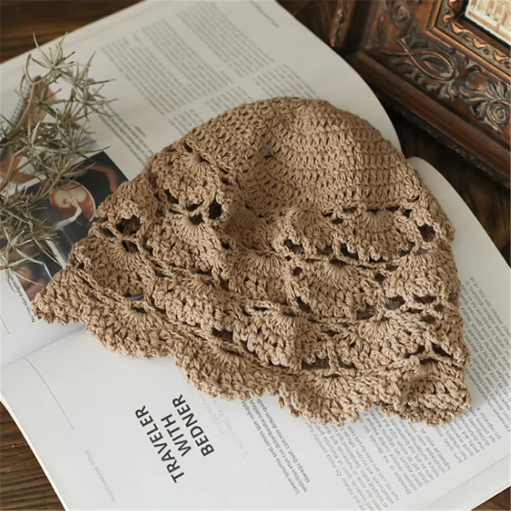 Casquette fine creuse à fleurs tricotées à la main, foulard respirant en dentelle, bout au Crochet, 