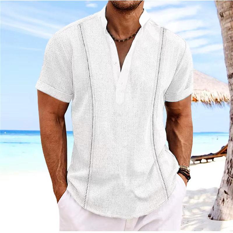 Chemise en coton à manches courtes pour hommes, col Henri, couleur unie, Guayabera cubain, tendance,