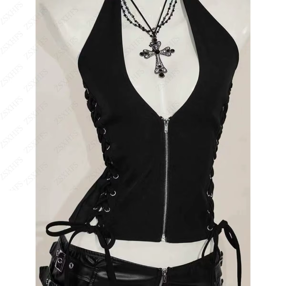 T-shirt gothique pour femmes, hauts Punk, vêtements Vintage, à lacets, Bandage, débardeur Grunge, Ca