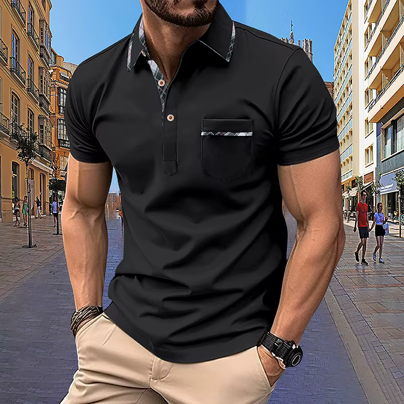 Chemises polo pour hommes à manches courtes, coupe ajustée, couleur unie, col à revers avec bordure 