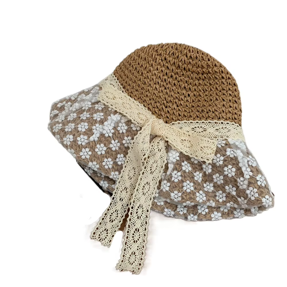 Chapeau de soleil élégant en paille respirant à fleurs pour femme, grand bord, anti-UV, avec nœud en