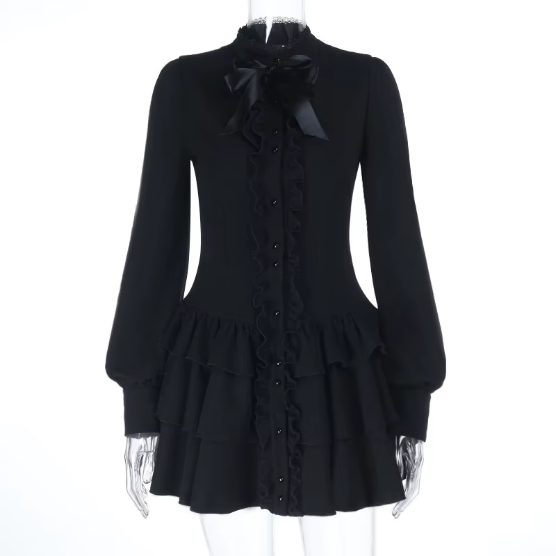 Goth Dark Fashion – Mini robe trapèze à ourlet à volants pour femmes, tenues à manches lanternes, ro