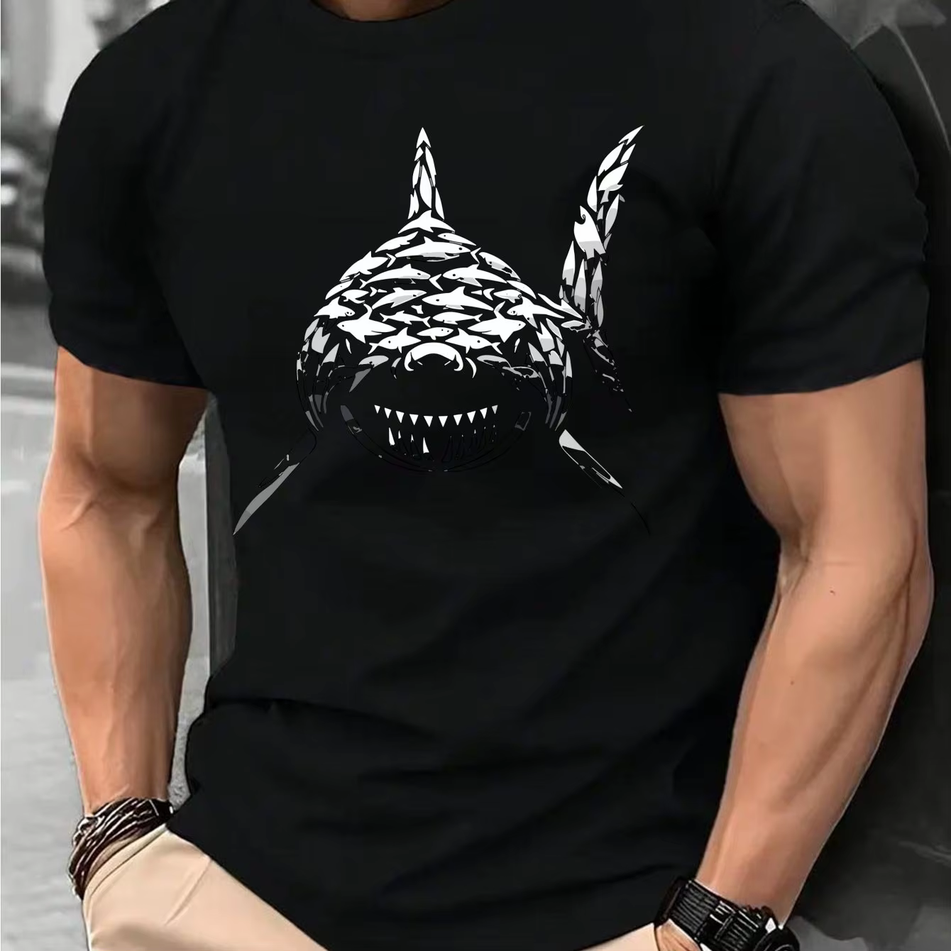 T-shirt graphique blanc pour hommes, avec motif requin audacieux, pour une coupe ordinaire, décontra
