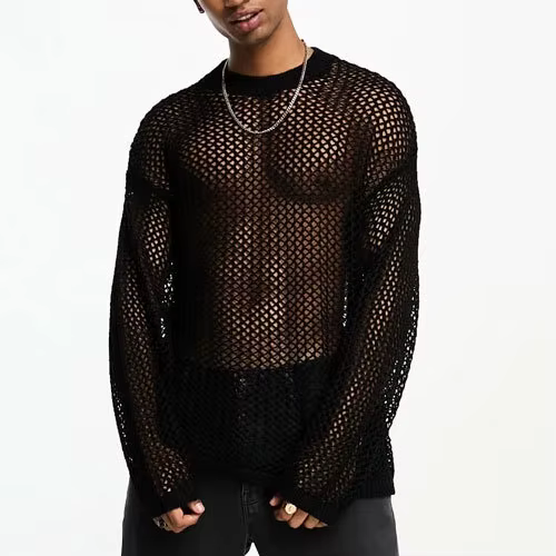 T-shirt à manches longues en maille pour hommes, haut tissé évidé, mode Streetwear, vêtements pour h