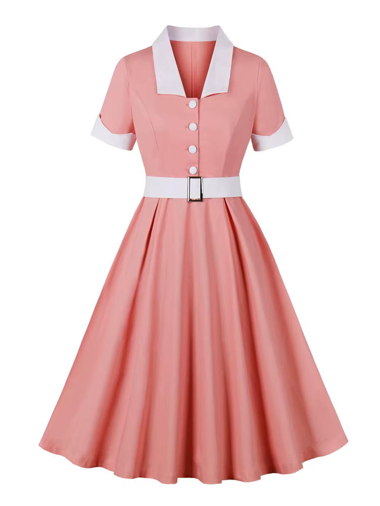 Tonval-Robe rose de style vintage avec col blanc pour dames, 2024 coton, boutonnée, robe de soirée r