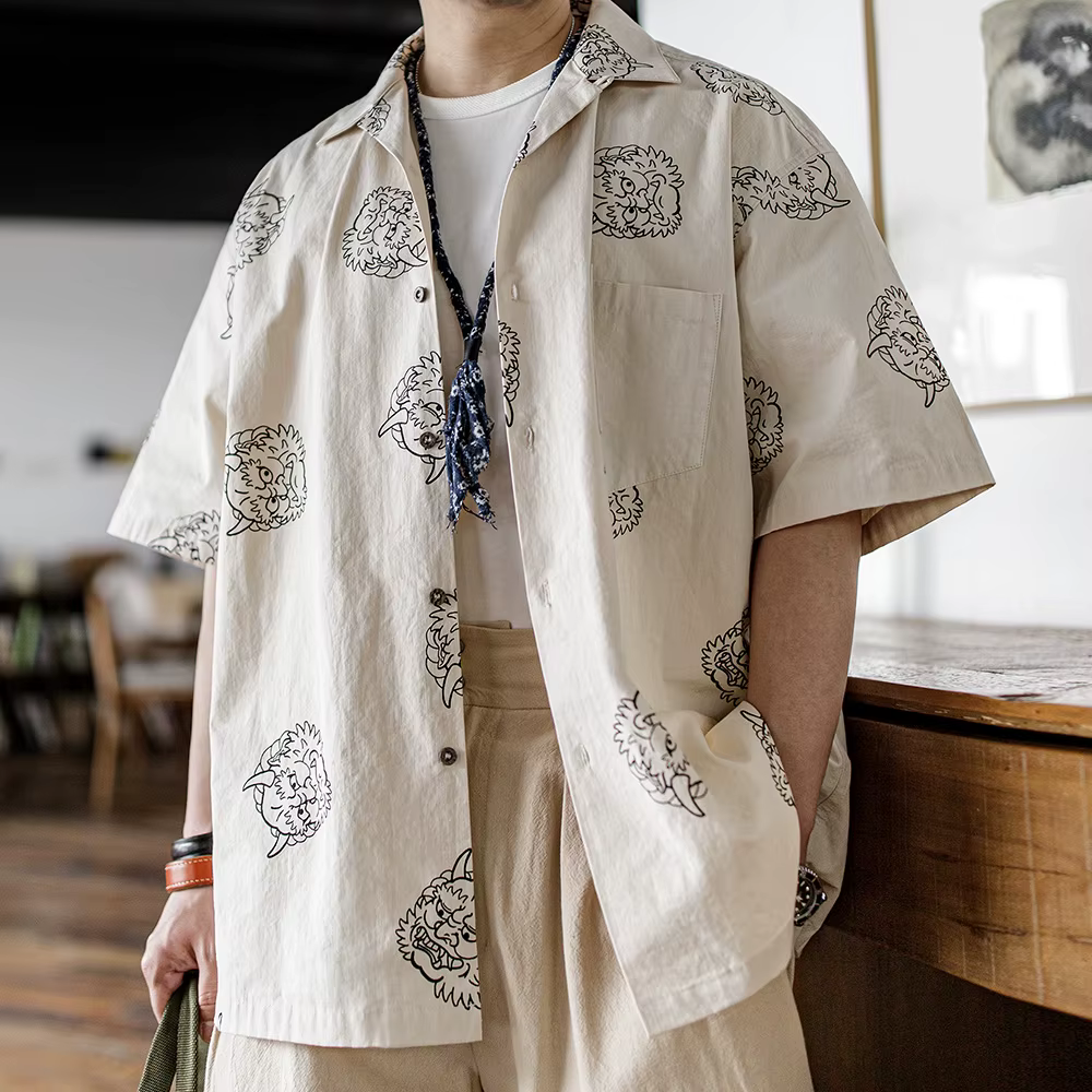 Maden-Chemise Imprimée Japonaise Rétro pour Homme, Chemises à Manches Courtes, Coton et Lin, Beige, 