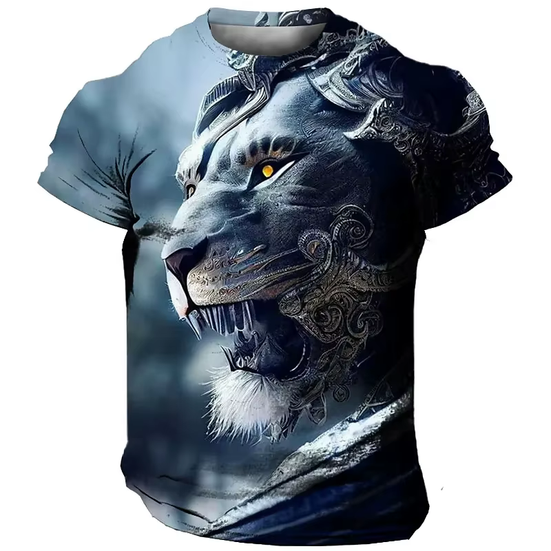 T-shirt à manches courtes imprimé tigre 3D pour hommes, haut à col rond, vêtements de sport décontra
