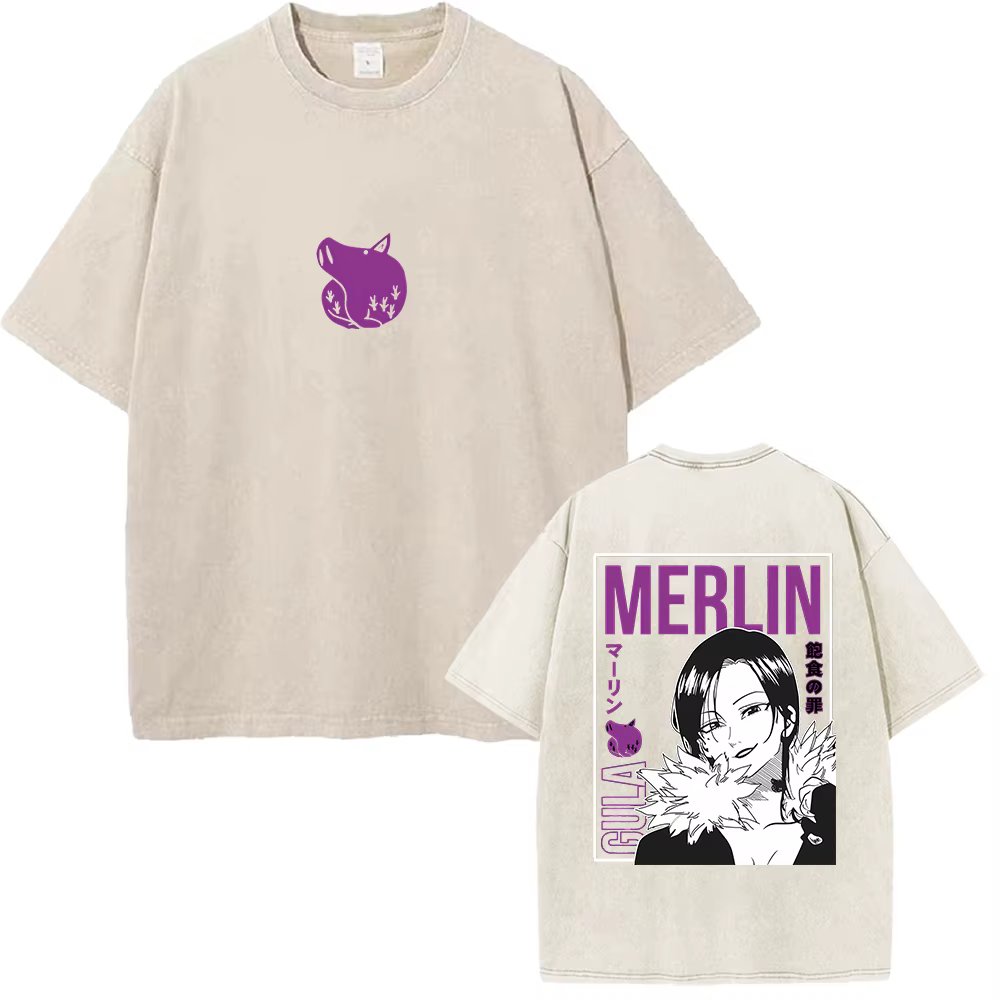 Merlin les sept péchés capitaux graphique T-shirt Manga Vintage lavé surdimensionné T-shirt hommes f