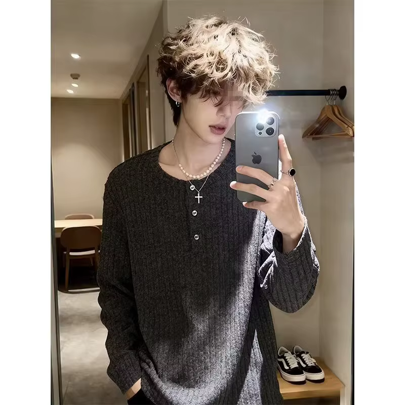 Haut décontracté à manches longues pour homme, coupe ample, style américain, col Henley, idéal pour 