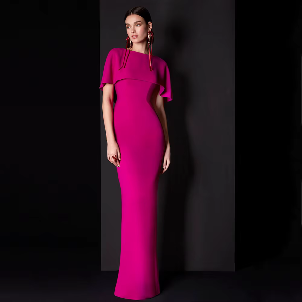 Robes d'invité de mariage pour femmes, col rond, cape, rose rouge, robe de soirée formelle, colonne,