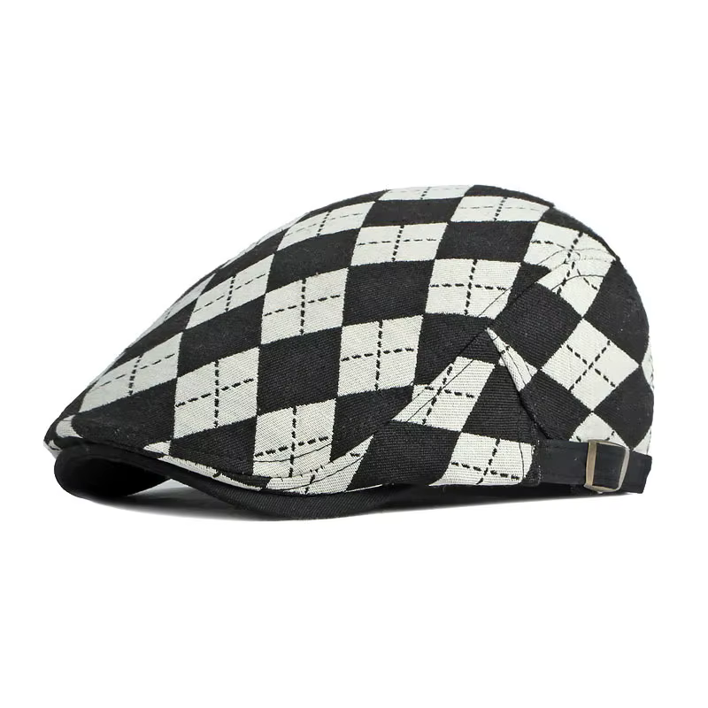 Béret rétro à carreaux pour hommes et femmes, casquette à chevrons, casquette à visière plate, vêtem