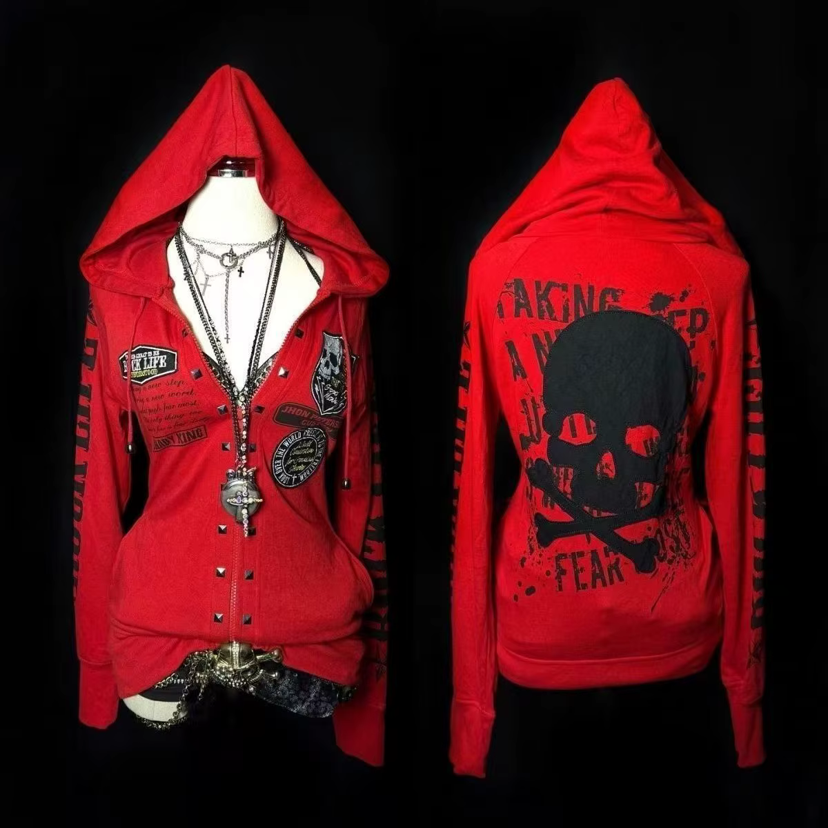 Nouvelle veste à capuche Y2K punk rétro américaine 2026, style streetwear tendance, motif crâne somb