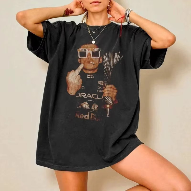 T-shirt Max Verstappen avec le doigt d'honneur - T-shirt vintage à motif vieilli en pur coton pour c