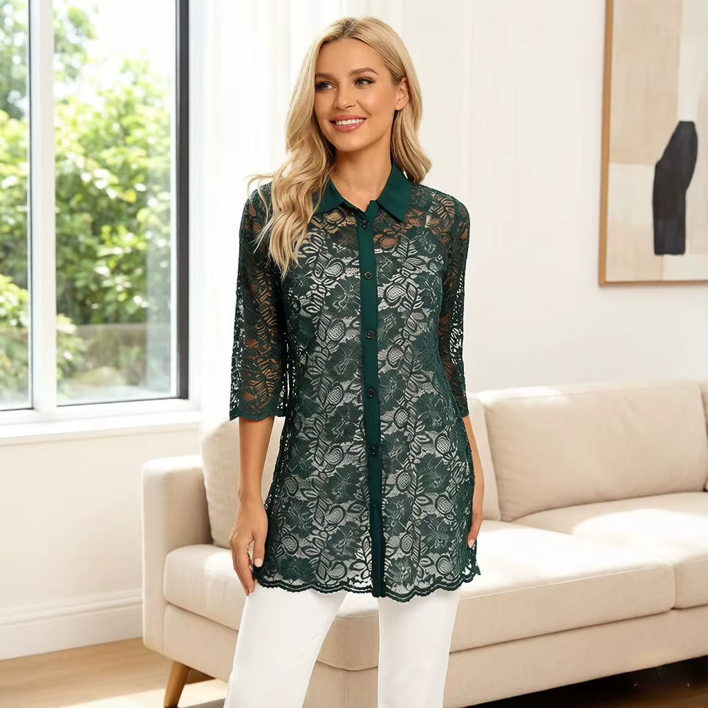 Robe chemise verte en dentelle pour femme, chemisier floral au crochet avec col contrastant, manches