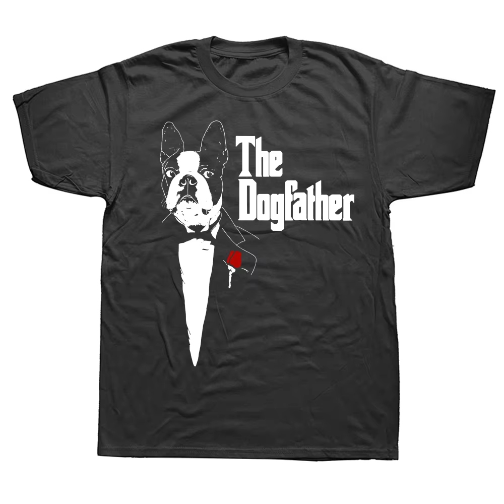 T-shirt drôle pour papa de Boston Terrier, The DogFather, en coton graphique, Streetwear, manches co