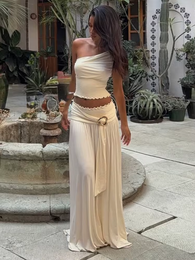 Kliou élégant haute rue femmes 2 pièces ensemble Chic plissé garniture incliné épaule réservoirs + b
