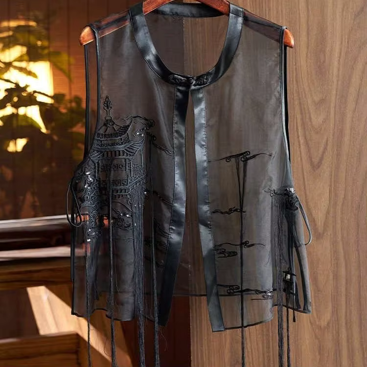 Gilets Vintage pour femmes, Style chinois transparent, noir, vêtements d'été assortis pour maman, De