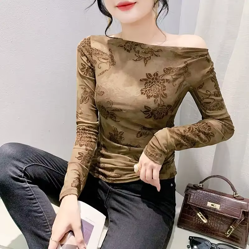 T-shirt à manches longues et col une ligne pour femme, beau fil à bascule, haut coloré, printemps-au
