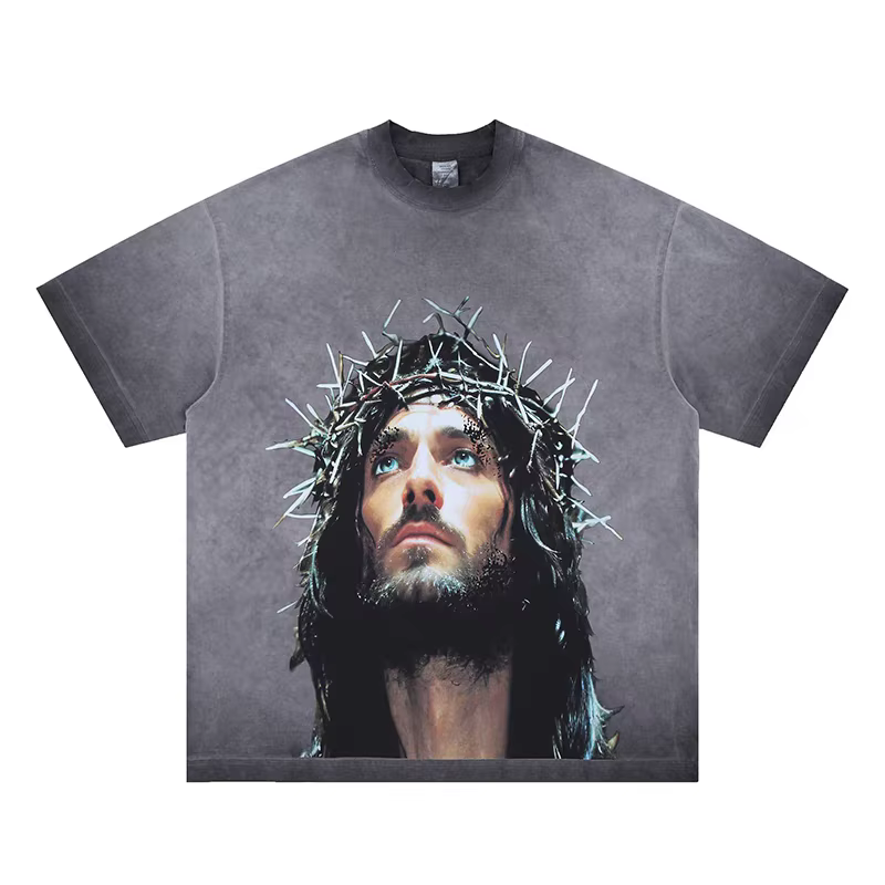 Tie dye pour vintage épine jésus imprimé T-shirt hommes femmes T-shirt top t-shirts