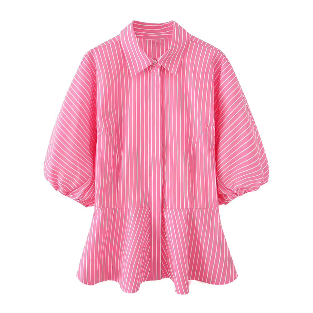 KONDALA Chemise Droite Décontractée Rose Rayée Vintage pour Femme, Plissée, Boutonnage Simple, Tenda