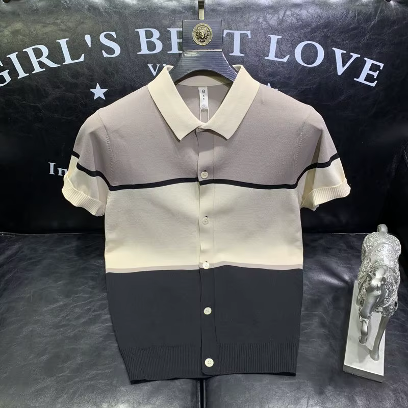 Cardigan tricoté en soie glacée de couleur contrastée pour hommes, POLO à manches courtes