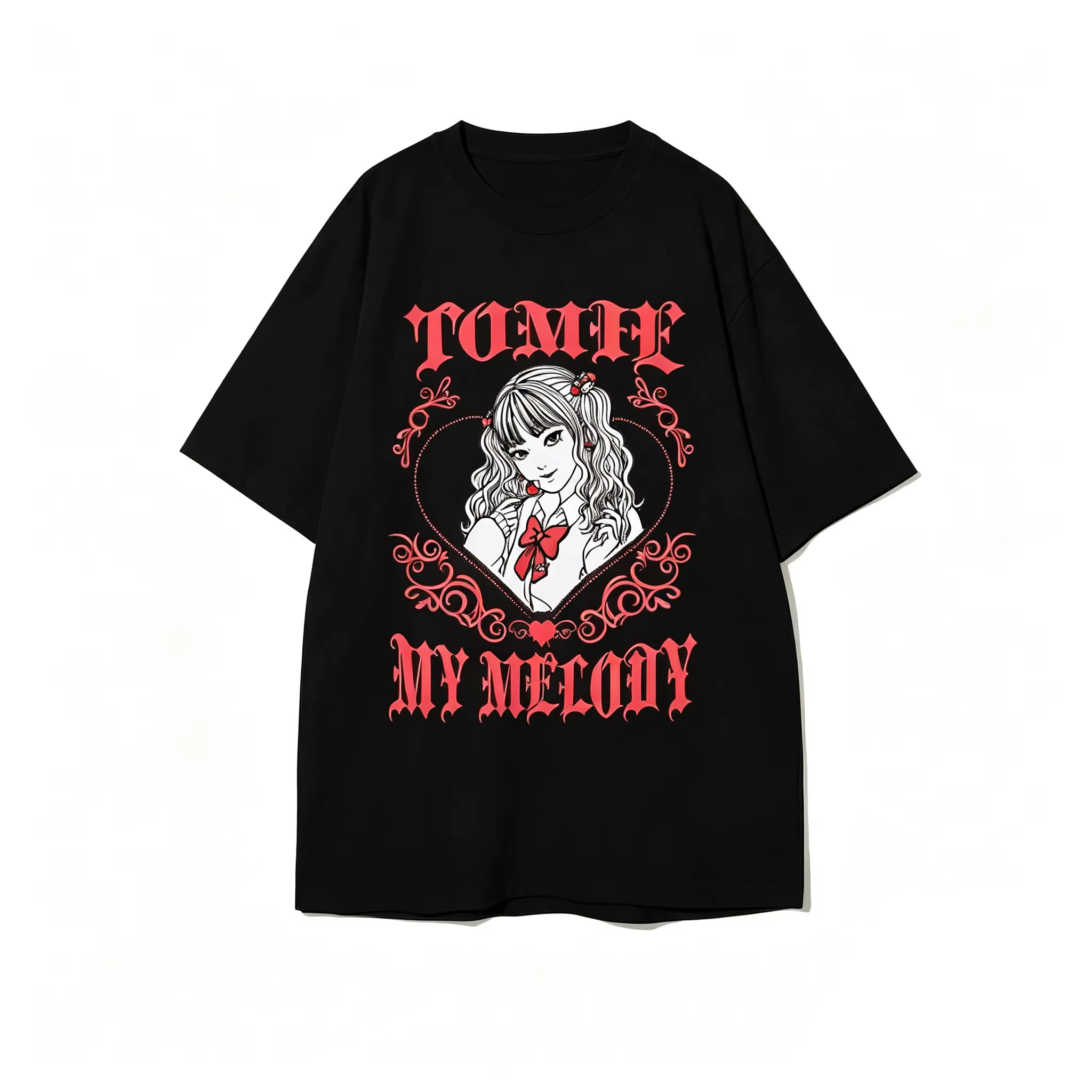 T-Shirt gothique Tomie x My Melody pour femmes, esthétique Kawaii Y2K, surdimensionné, noir et blanc