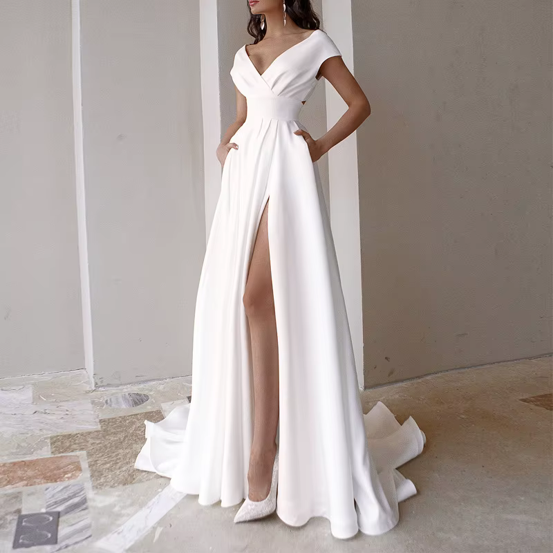 WEIN-Robe longue fendue à col en fibre V pour femme, robe de soirée sexy, robe de soirée élégante po