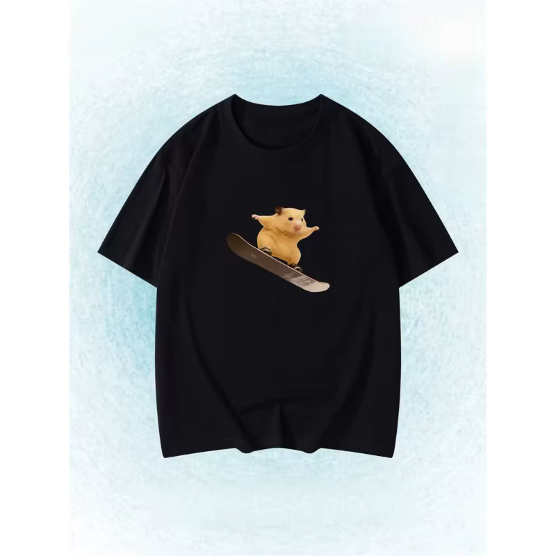 T-shirt amusant à imprimé hamster skiote, style mème mignon, à manches courtes, haut décontracté d'é