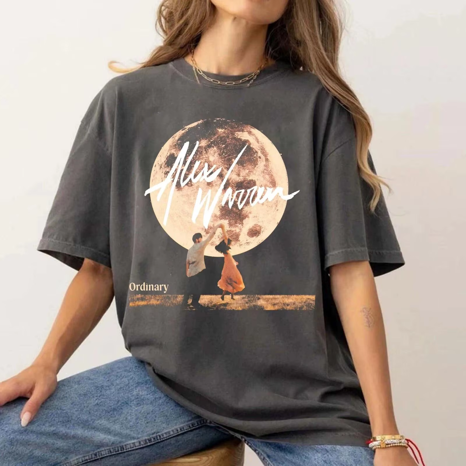T-shirt unisexe gris anthracite Alex Warren, coupe ample, style streetwear décontracté, pour couples