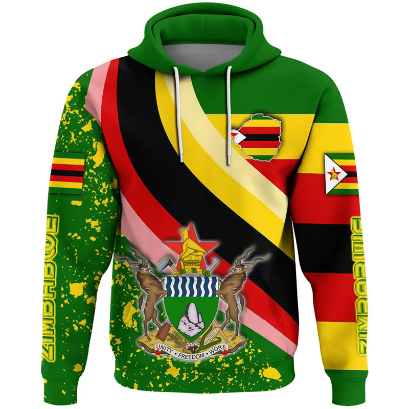 Zimbabwe Feel Map Graphic PVD National Emblem Hoodie for Men, Africa Boy Clothes, Casual Male Survêt