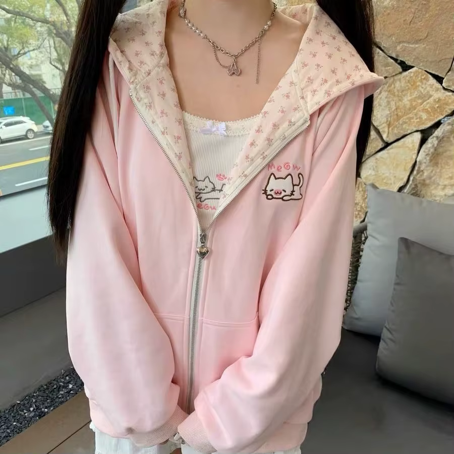 Sweat à capuche brodé de dessin animé japonais rose Kawaii pour femmes, Y2k, esthétique, Patchwork, 